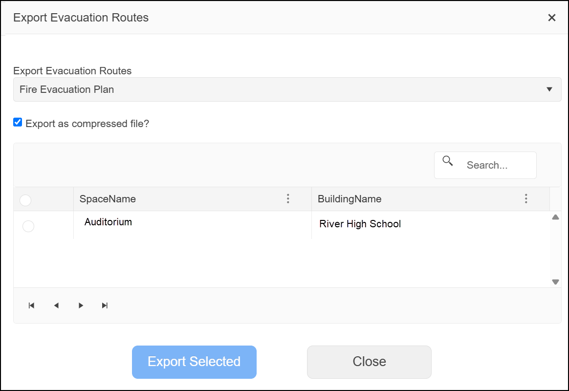 Export evacuation routes pop-up.