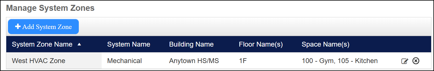 Manage system zones page