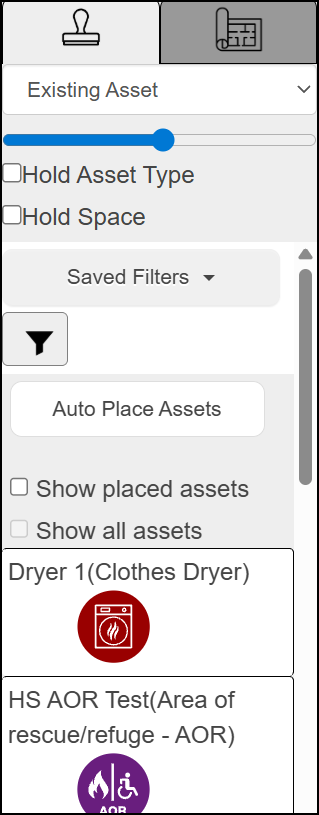 Left sidebar, asset stamp tab, existing assets.