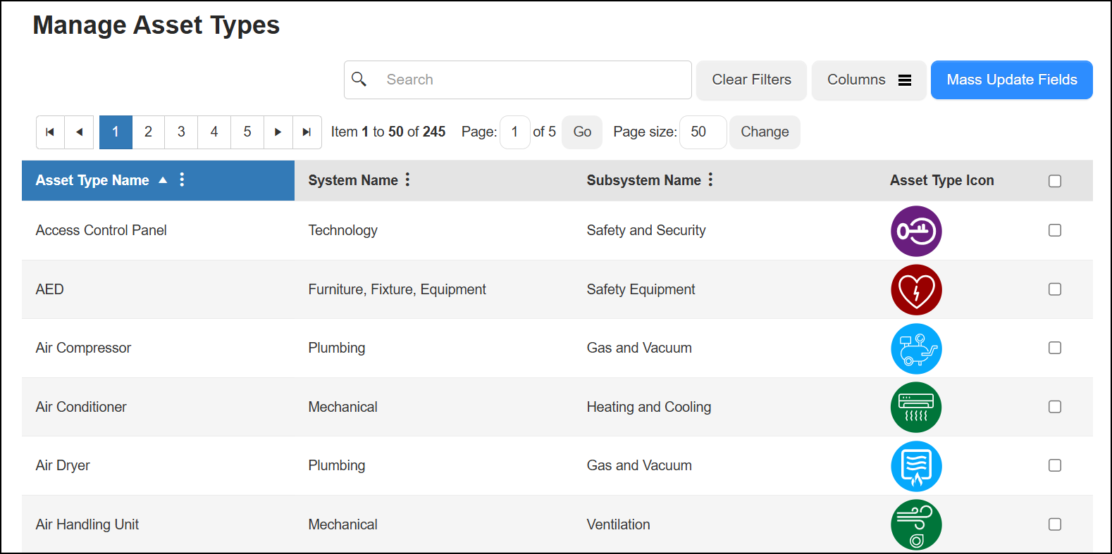 Manage Asset Type page.