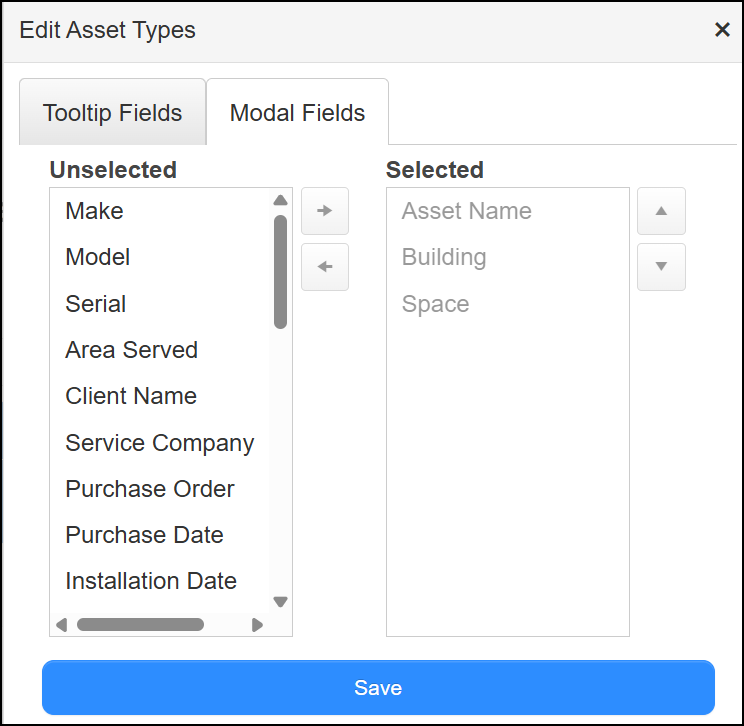 Edit asset types pop-up, modal fields tab.