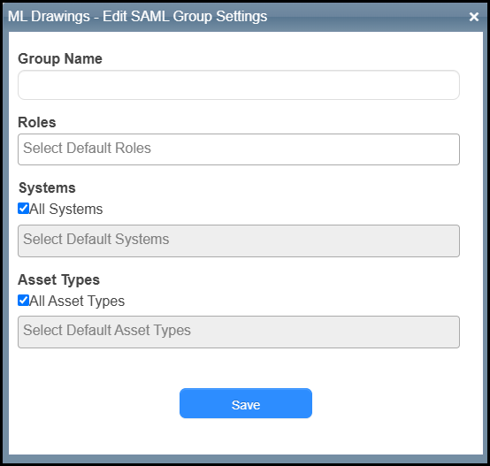 SAML Group Settings pop-up.