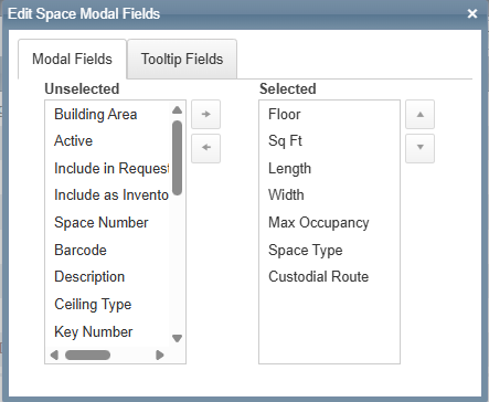 Edit space modal fields pop-up with Modal Fields tab shown.