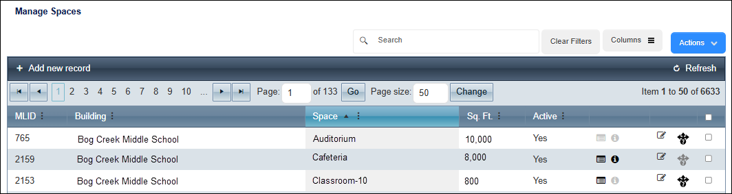 Manage spaces page.
