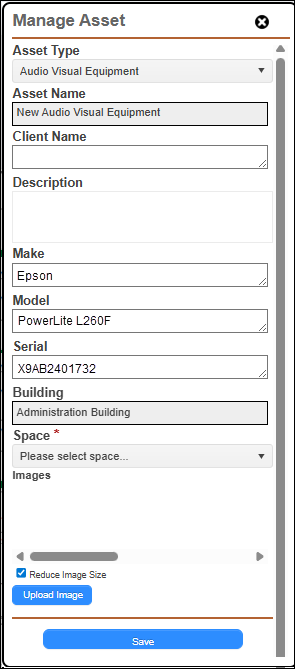 Manage asset pop-up